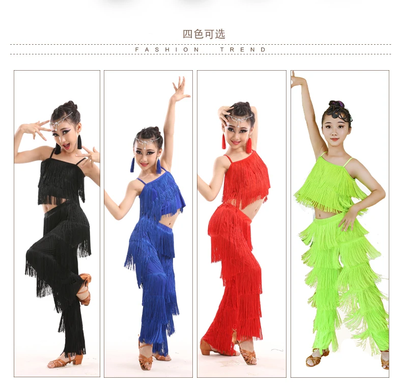 Lateinamerikanische Tanzkleider, Ballkleider mit Fransen, Kleid mit Fransen und Hose, Paillettenkleid mit Fransen, Salsa- und Samba-Kostüm, Kinder- und Jugendkostüm, Cosplay-Kostüm für Mädchen. – Detail 1