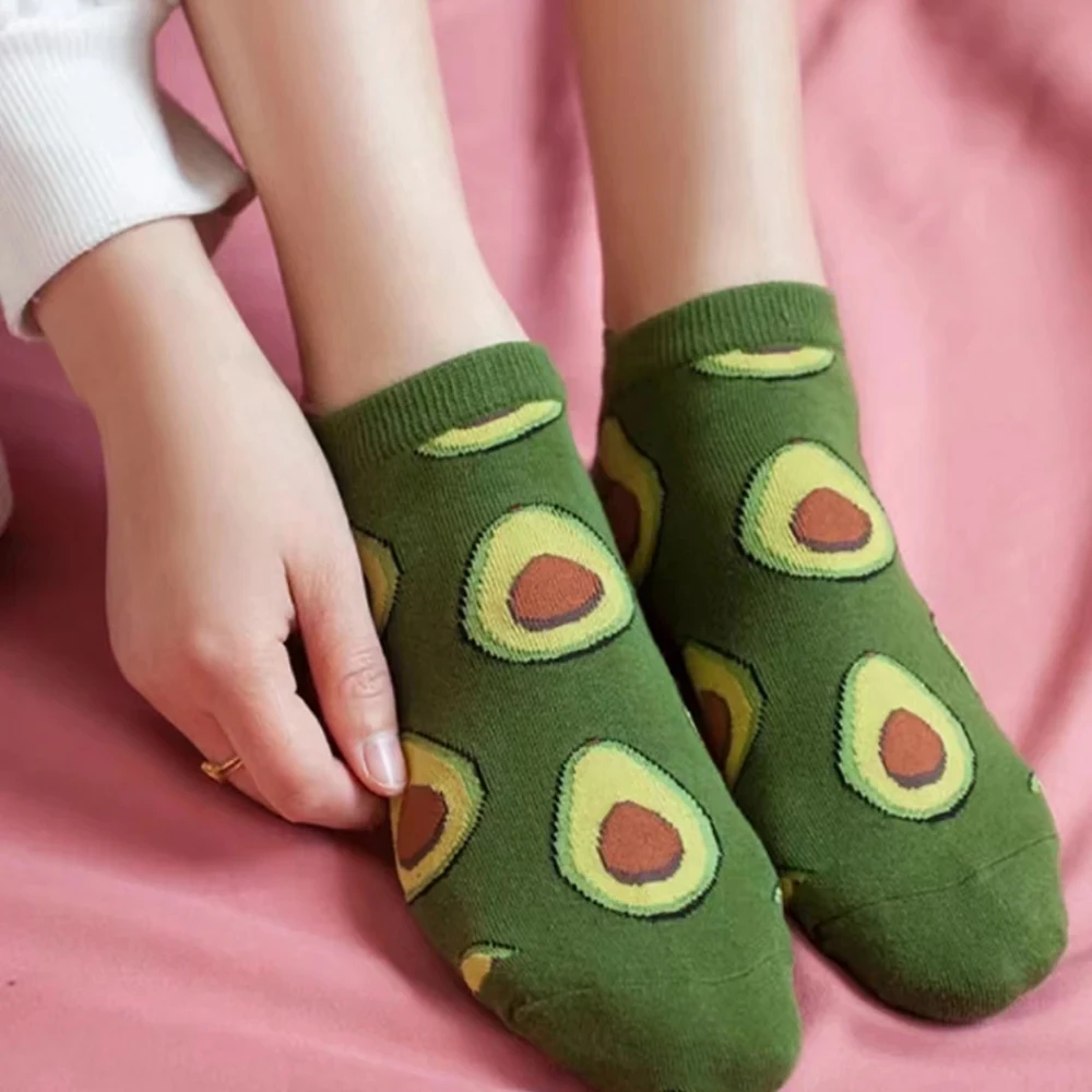 5 Pairs Avocado Crew Ankle Socks Cartoon Fresh Fashion Breathable Summer And Autumn Kawaii Comforts Women\'s Low Cut Boat Socks