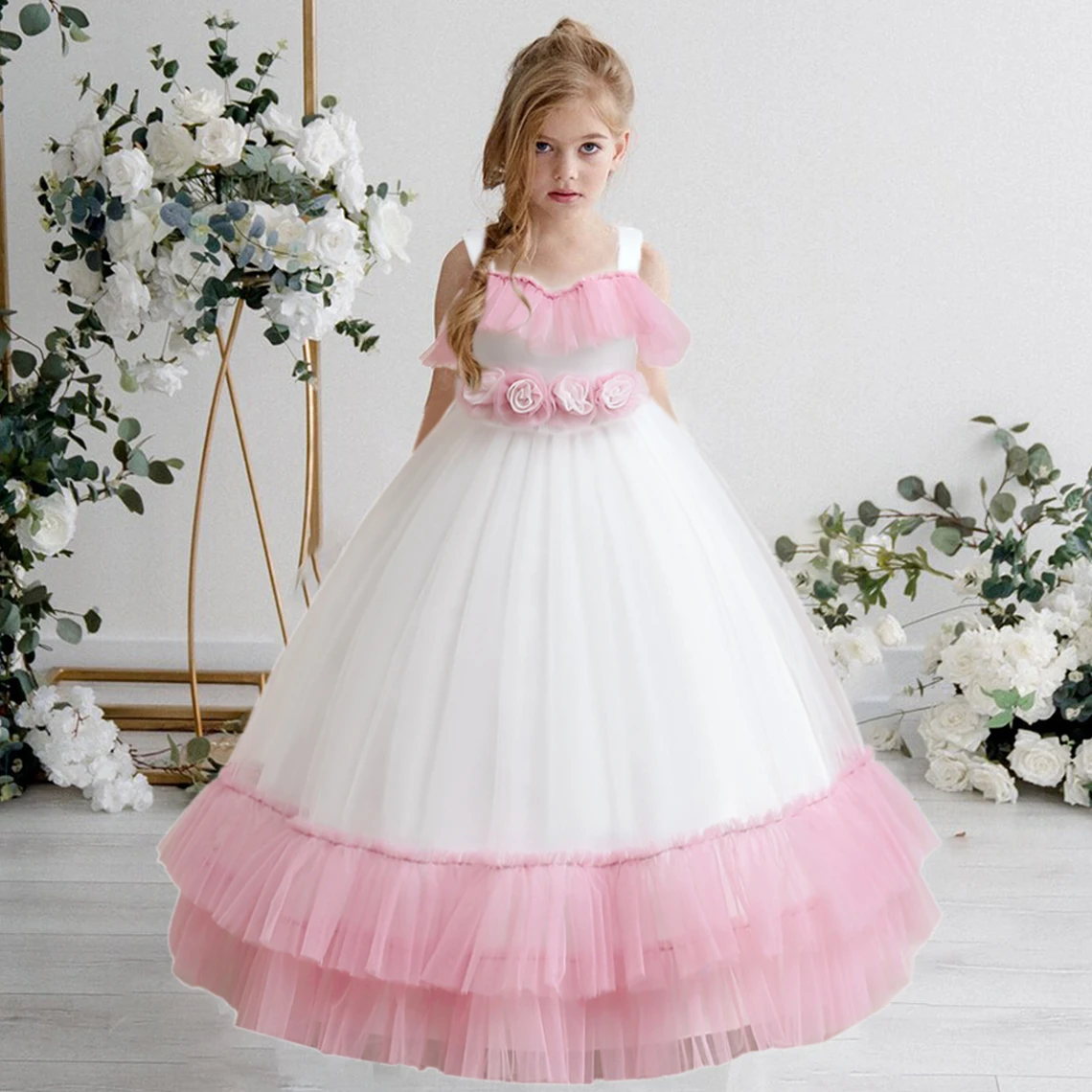 Elegant Flower Girls Dress White First Communion Bridesmaid Prom Party Princess Kids Dresses for Girl Birthday Wedding Costumes