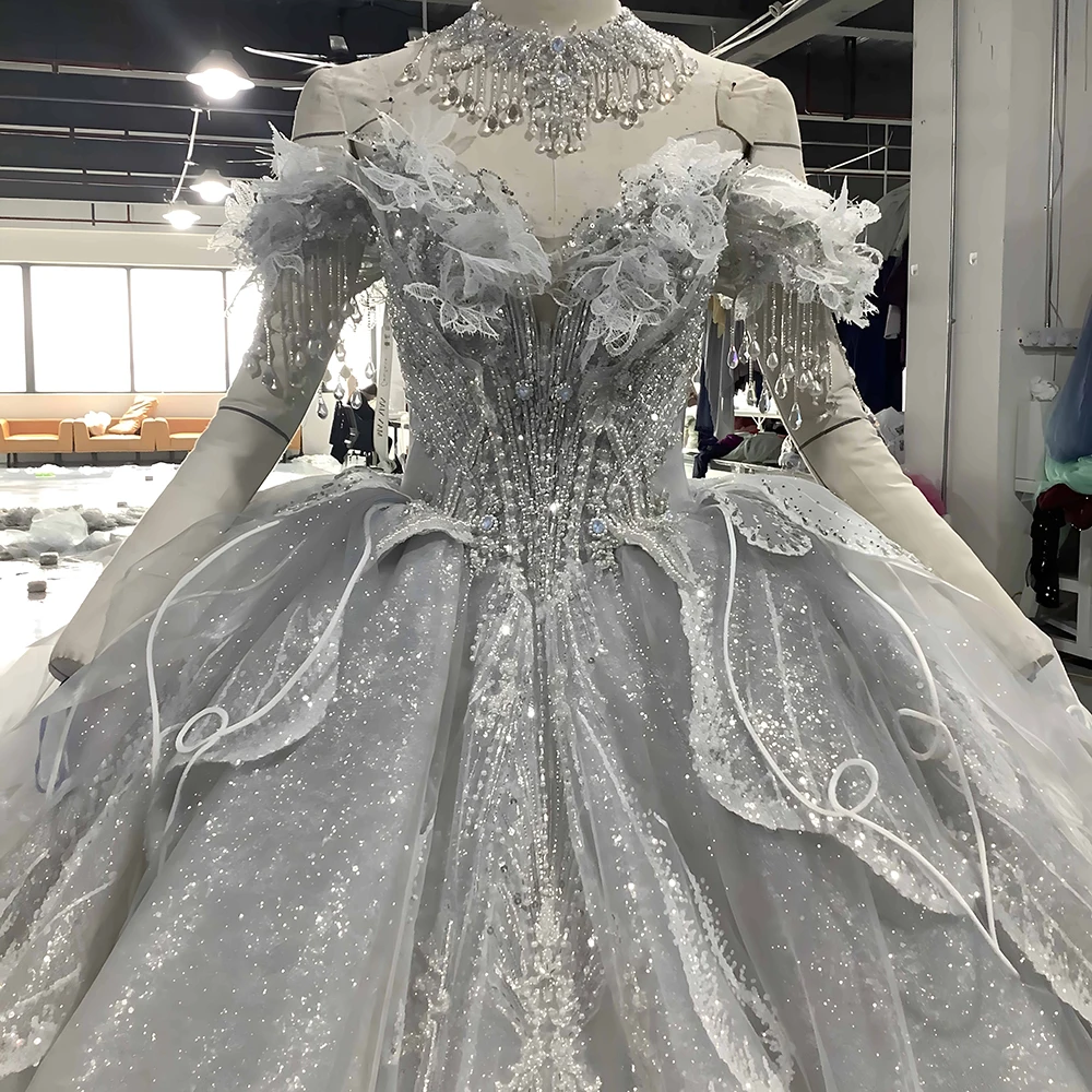 Vestido de novia con hombros descubiertos, elegante, con cuentas y lentejuelas, lujoso, hasta el suelo, 2024