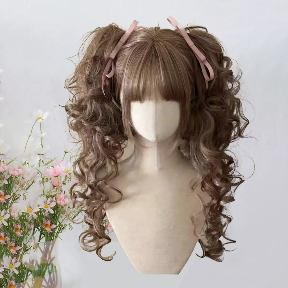 ผมสังเคราะห์คอสเพลย์โรมันเคอร์ลี่พร้อมหน้าม้า หางม้าแบบถอดได้ เหมาะสำหรับวิกผมโลลิต้าสำหรับเล่นบทบาทสมมติในอนิเมะของผู้หญิงในชีวิตประจำวัน