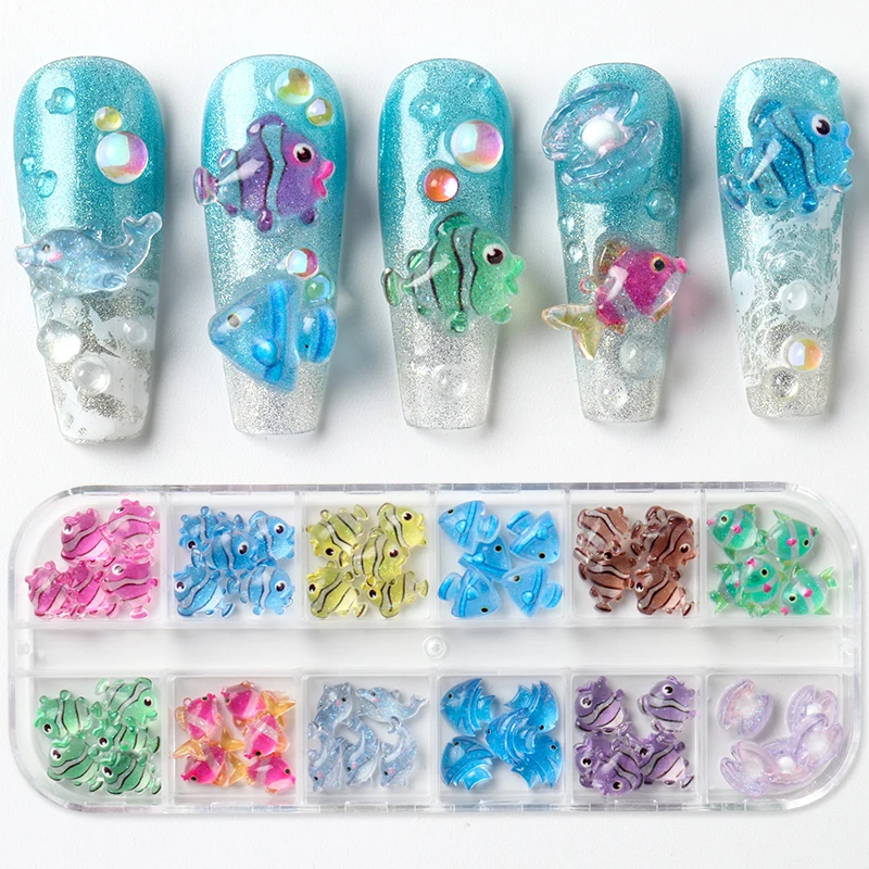 60 Stück 3D Meeresfisch Nagelkunst-Dekorationen Bunte Tropische Fische Muscheln Delfine Ozean Sommer Nagelcharms Harz DIY Nagelteile