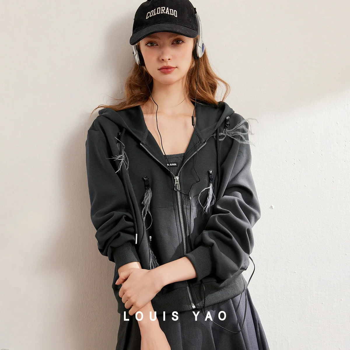 LOUIS YAO Zipper Sweatshirt Cardigan 2025 Autumn Casual Knit Drop Sleeves Women's Coat Stylish Feather-Adorned Hooded Coat