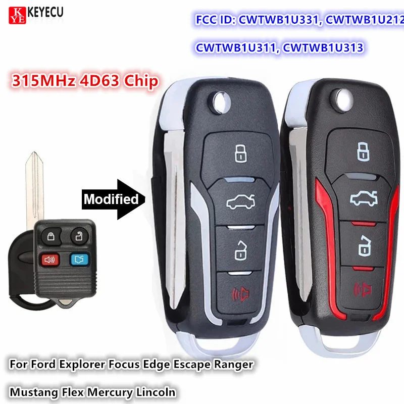 

Модифицированный откидной дистанционный ключ KEYECU CWTWB1U331 315 МГц 4D63 для Ford Explorer Focus Edge Escape Ranger Mustang Flex Mercury Lincoln