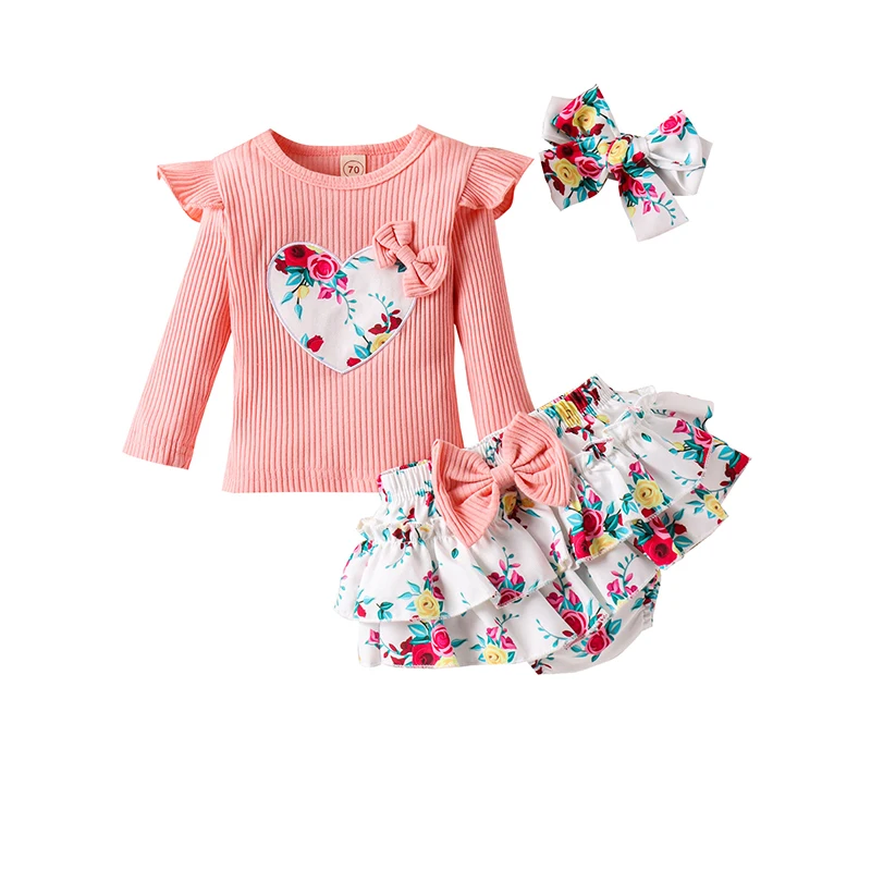 Baby Girl Spring Outfits Heart Pattern Bowknot Long Sleeve T-Shirts Tops Ruffles Floral Print Shorts Headband 3Pcs Clothes Set