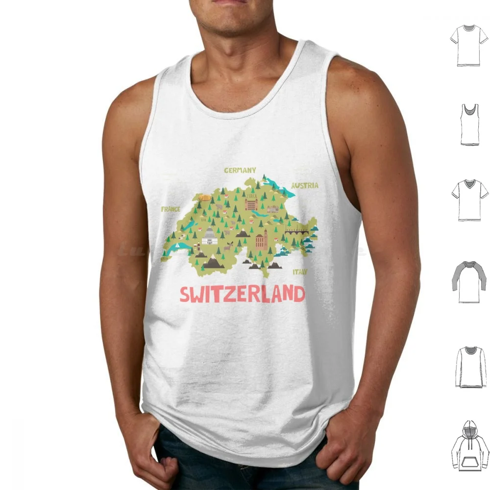 Switzerland Illustrated Map Tank Tops Print Cotton Switzerland Map Europe Flag Swiss Country European Alps Austria