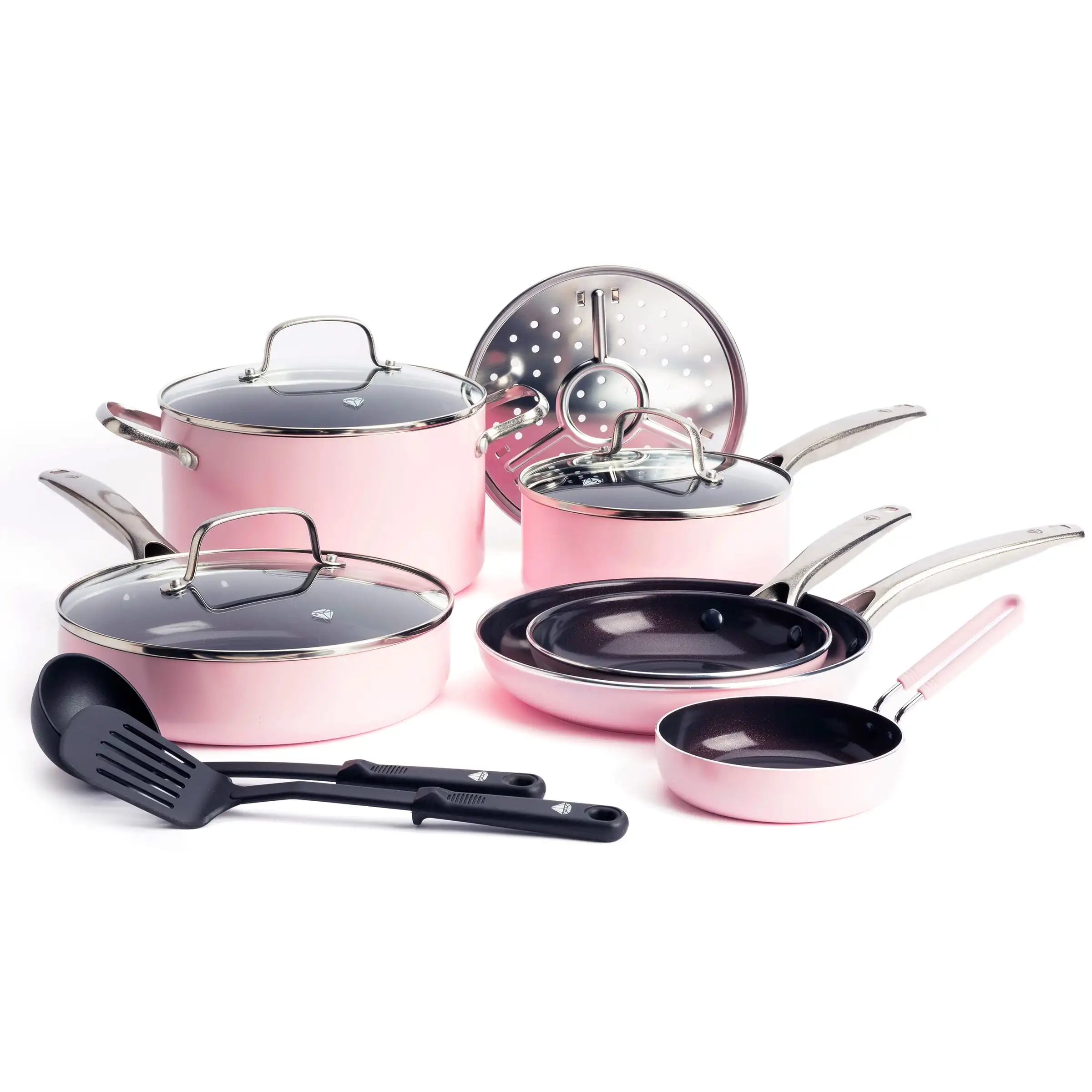 Toxin Free Ceramic and Dishwasher Safe 12 Piece Pots and Pans Cookware Set Pink Clear Glass Lids Stainless Steel Handle