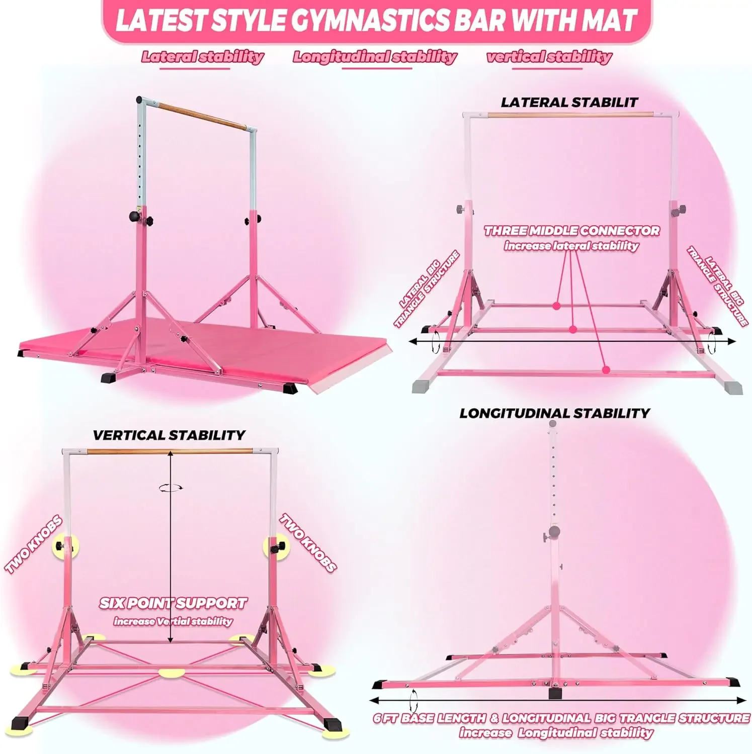 Bar For Kids and Teenage Ages 3-25  5 FT /6 FT Base Length  Height, Gymnastic Kip Bar Horizontal Bar