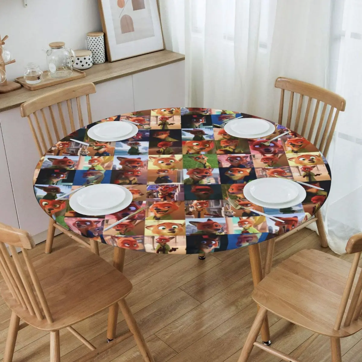 Customized Disney Zootopia Film Tablecloth Round Elastic Oilproof American Animation Table Cover Cloth for Kitchen