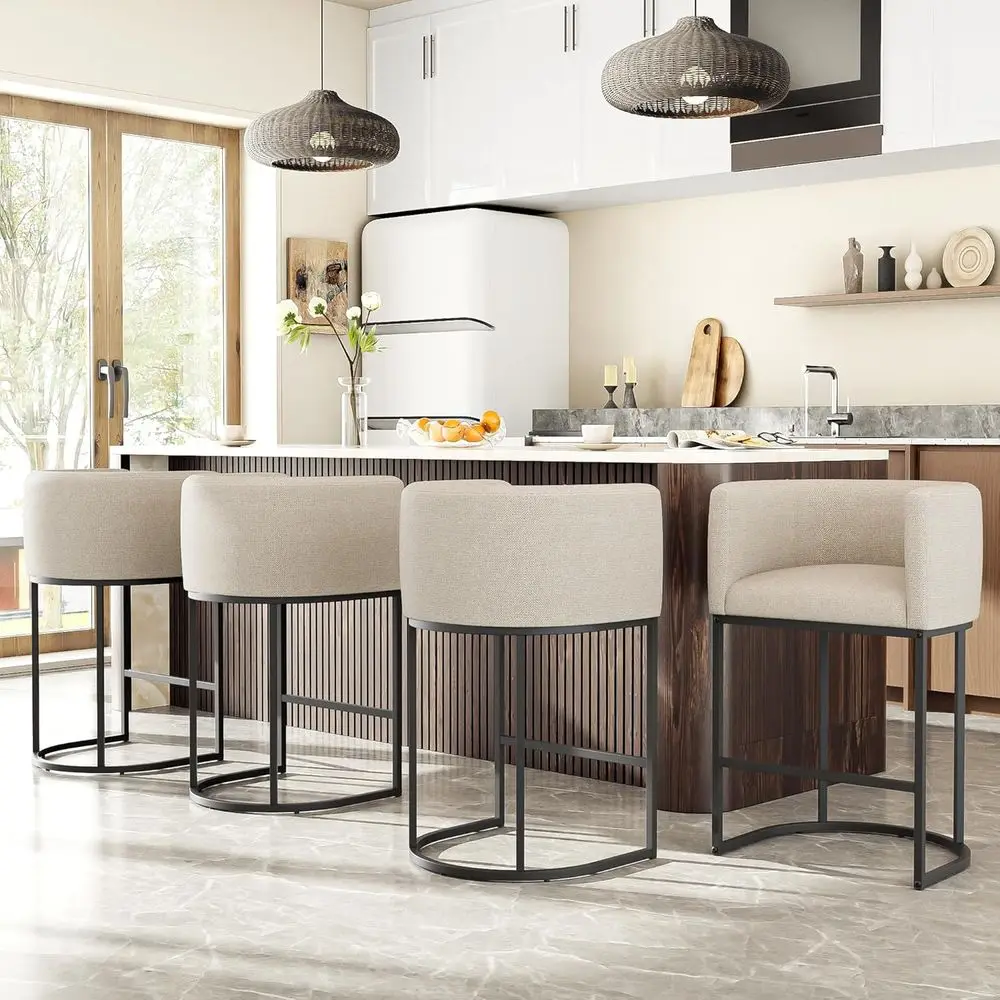 

Set of 4 Linen Upholstered Counter Height Bar Stools with Backrest and Arms, Beige