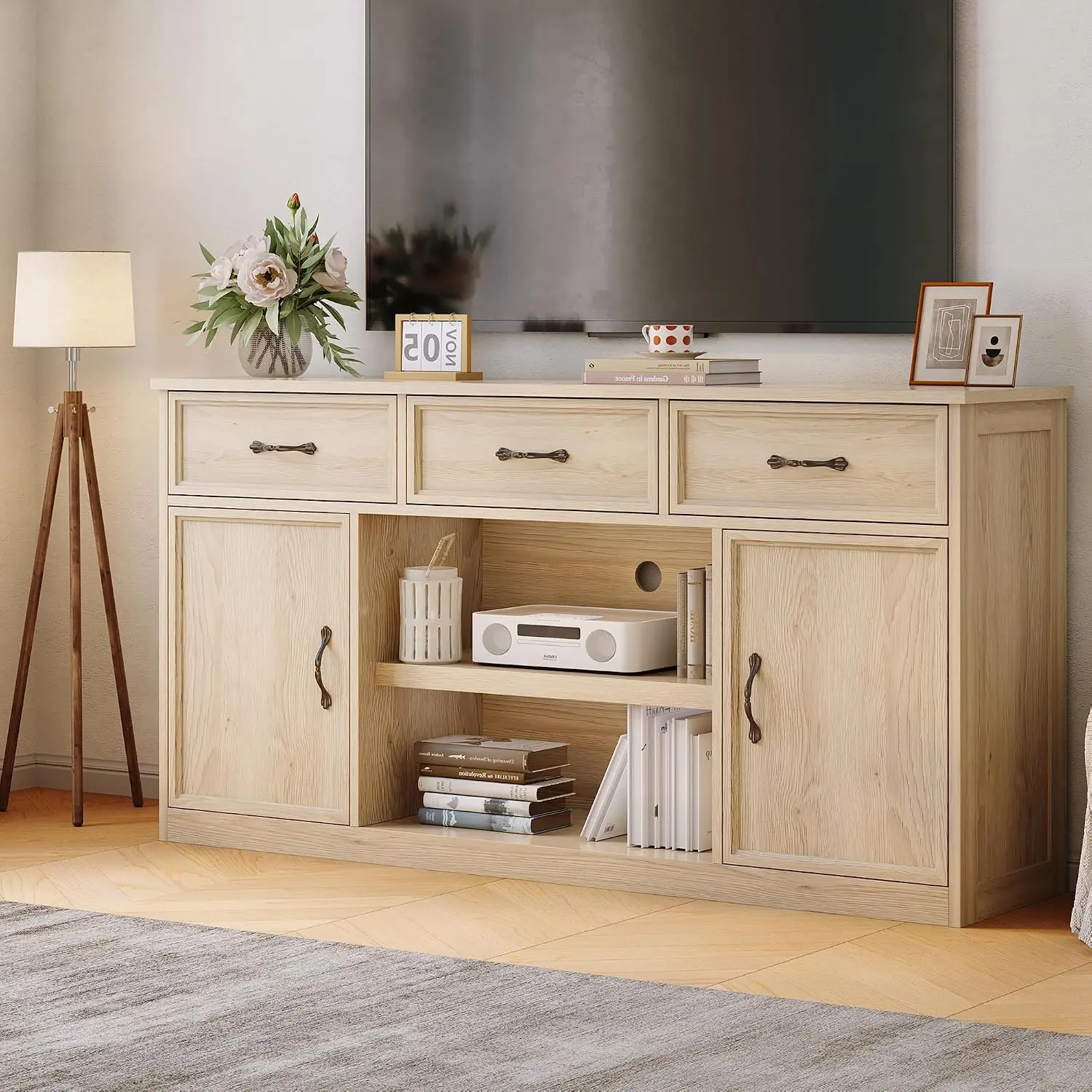 TV Stand For 65 Inch TV Farmhouse Television Cabinet With 3 Drawers 2 Doors Adjustable Shelves Storage And Open Shelves Wooden TV Console Media Cabinet