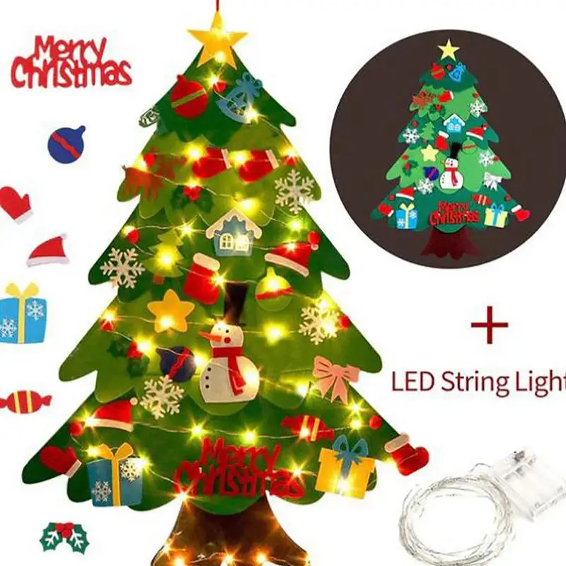 DIY Felt Christmas Tree Wall Hanging Set Xmas Gifts with 21 Ornaments and LED String Lights for Christmas Crafts Home Door