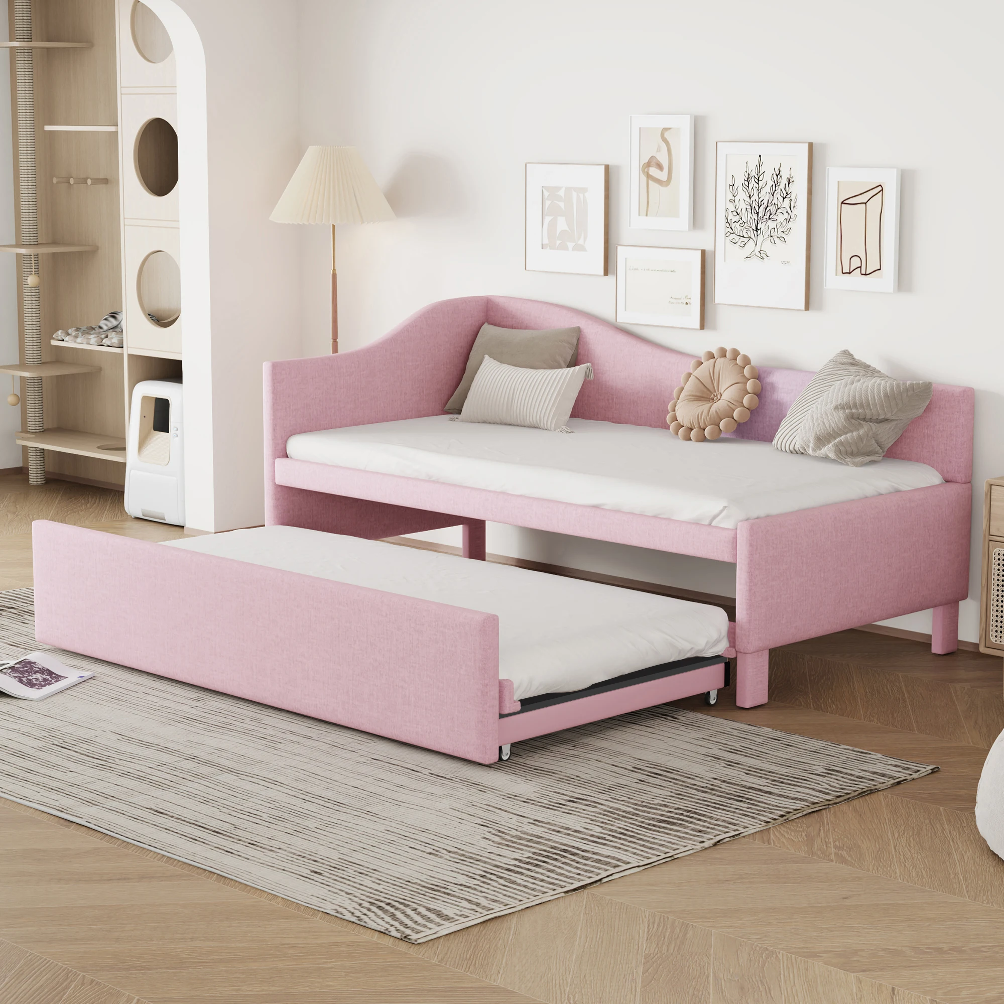 

# S Twin Size L-Shaped Upholstered Daybed With Pop Up Trundle Pink