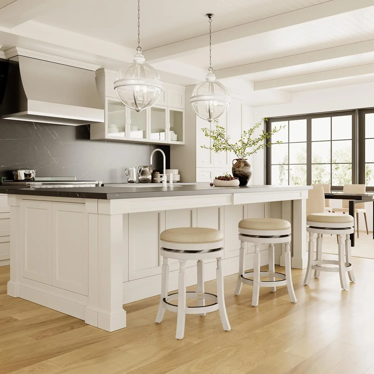 Palmer Lake 26' Counter Stool, White with Beige Fabric, Swivel, Contemporary Indoor Bar Stool