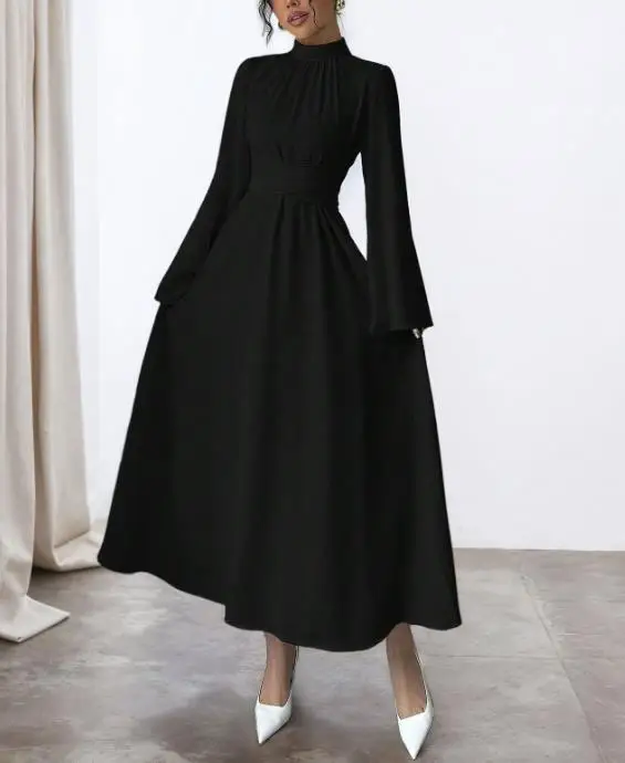 

Autumn and Winter New Black Stand up Collar Waist Long Dress Women's Long Sleeve Retro Trumpet Sleeve Solid Color Dress