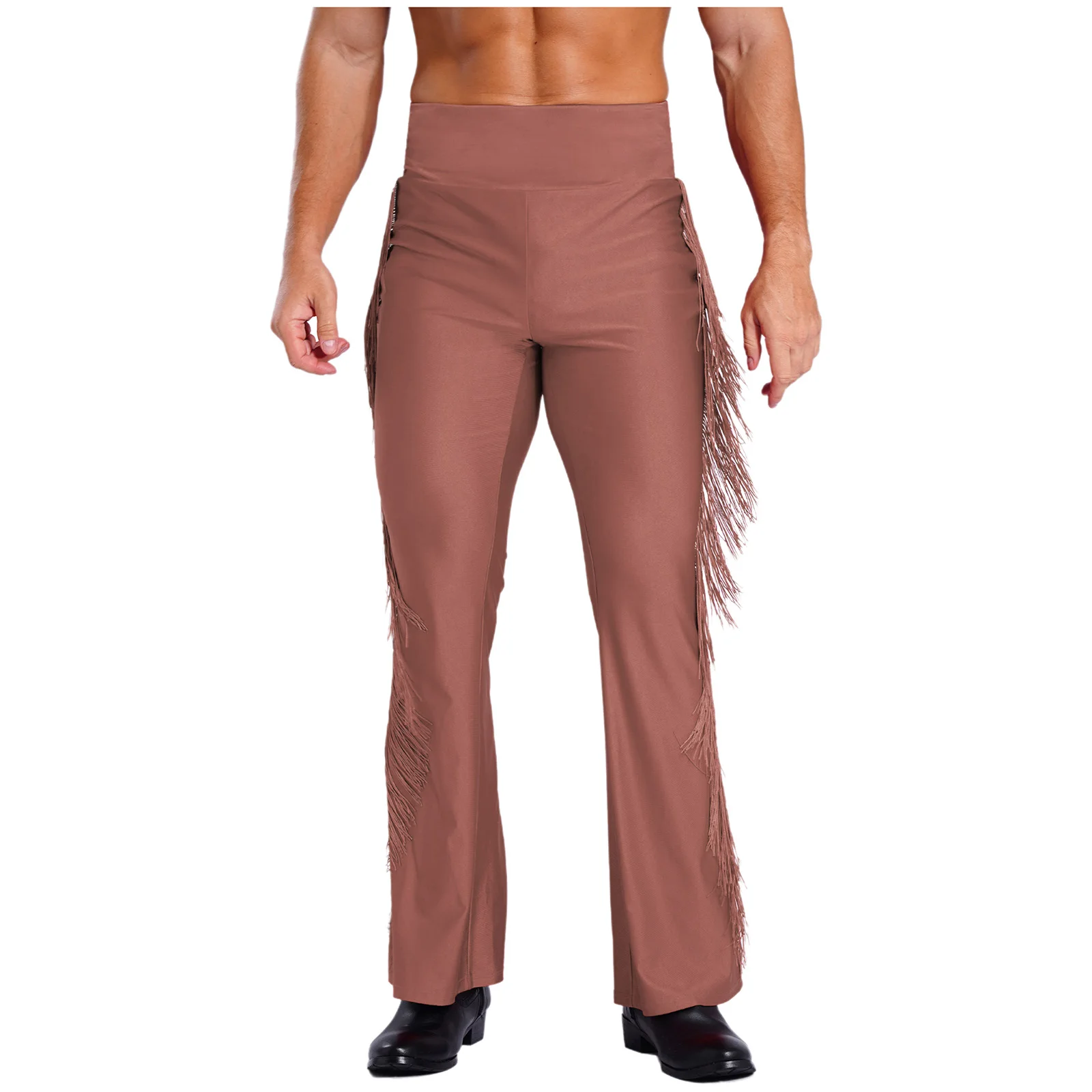 Mens Jazz Latin Dance Tassel Flared Pants Bell-Bottom Vintage High Waist Trousers for Stage Performance Club Disco Party Costume