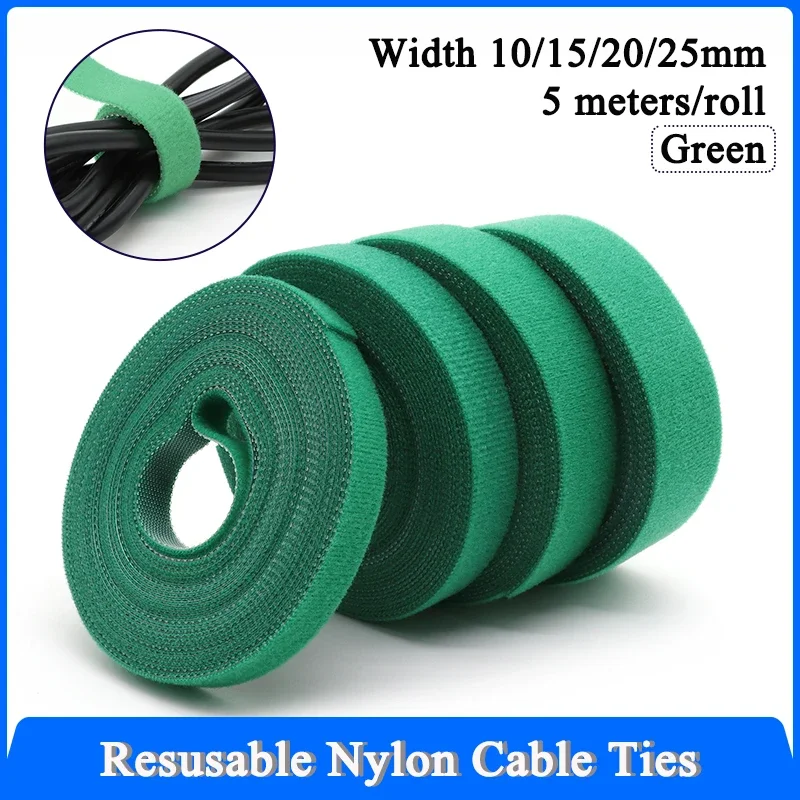 1~20R Green Cable Organizer USB Cable 10/15/20/25mm Winder Management Nylon Free Cut Ties 5M/Roll Mouse earphone Hook Loop Tape