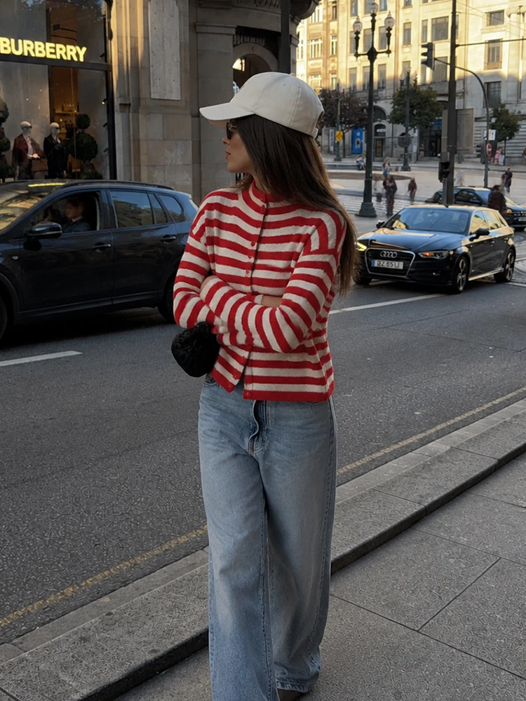 HH Women Spring Fall Red White Striped Knit Cardigan Stand Collar Button Down Drop Shoulder Loose Cropped Sweater For Commute