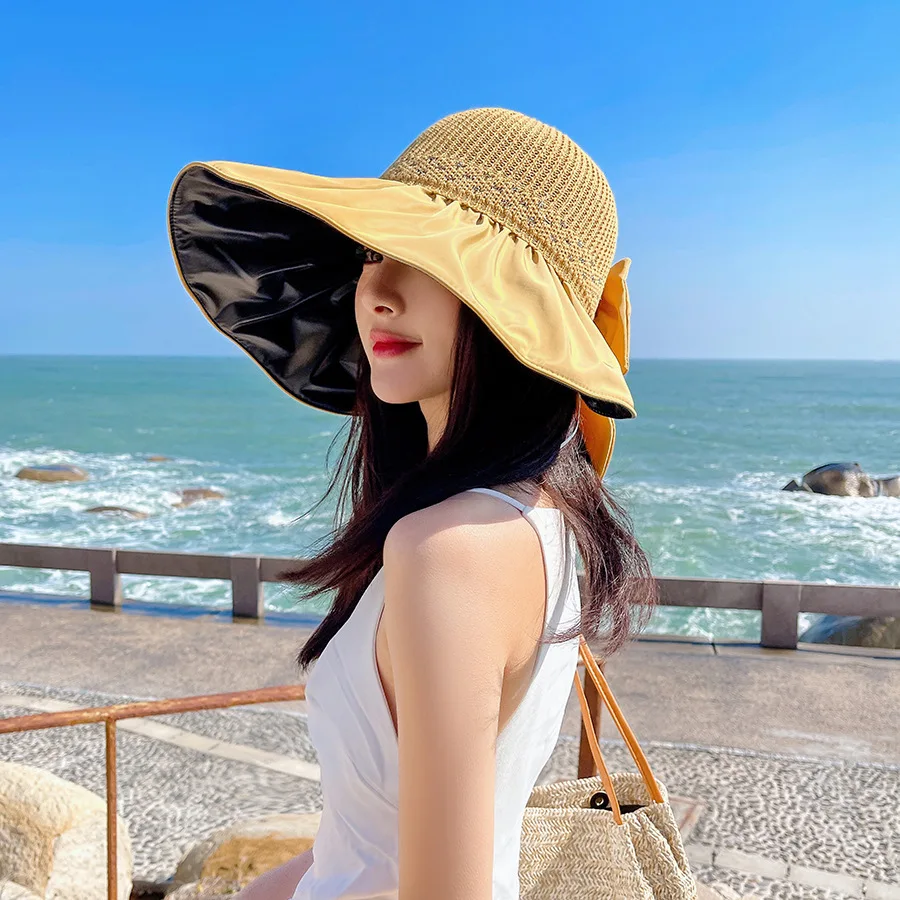 Large Brim Hat Korea Women Outdoor UV Big Head Sunhat Silver Silk Line Back Opening Bow Sun Hat Beach UPF50+ 56-58cm