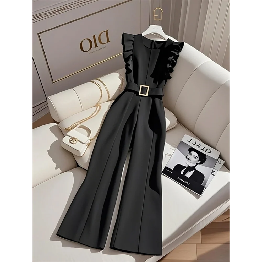 

2025 Women black Jumpsuit Summer New Top-Grade Sleeveless Casual Waist Was Thin Wide-Leg Pant Rompers Female Unique Jumpsuit