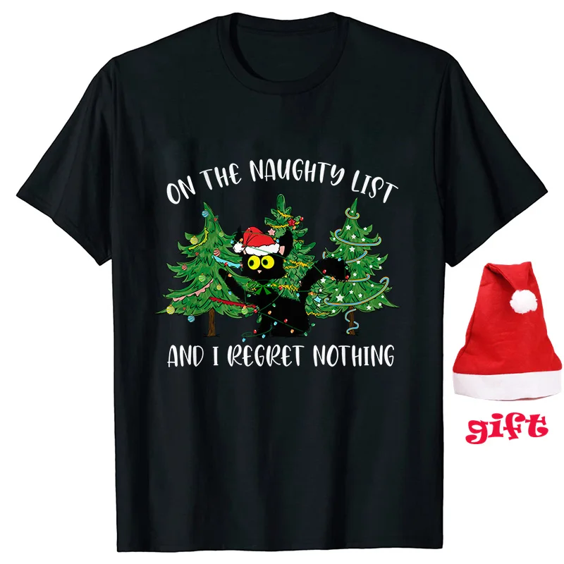 On The Naughty List, and I Regret Nothing Print Women Tees Tops Party Christmas Lights Black Cat T-Shirts with Christmas Hats