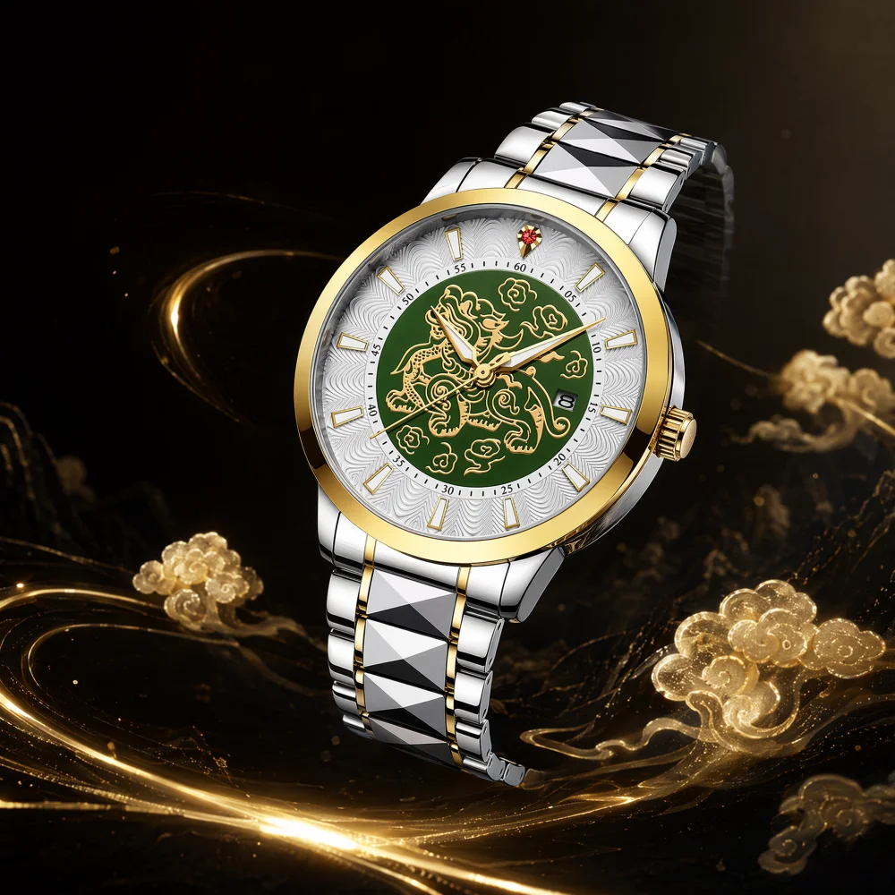 iMen’s Casual Quartz Wristwatch with a Green Dial Featuring Chinese Motifs; Ideal for Daily Commuting and as a Gift