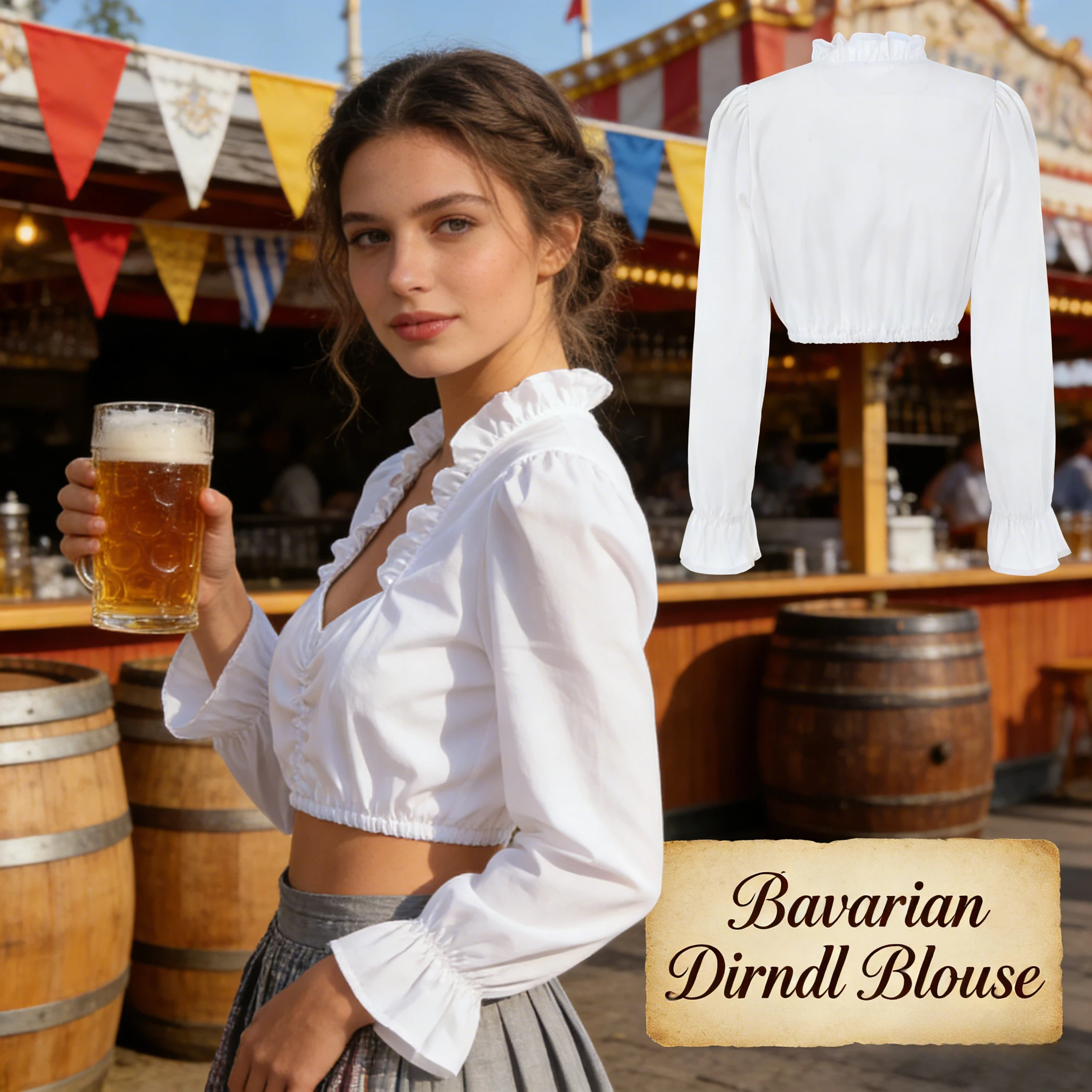 

Bavarian Dirndl Long Sleeve Ruffle Collar Blouse Cotton Munich Beer Festival Dress Undershirt Casual Daily Basic Top