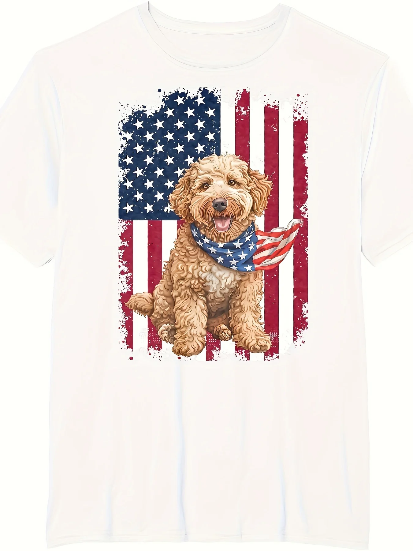 Patriotic Goldendoodle Dog American Flag Graphic Print Men's Breathable Cotton T-Shirt Daily Wear
