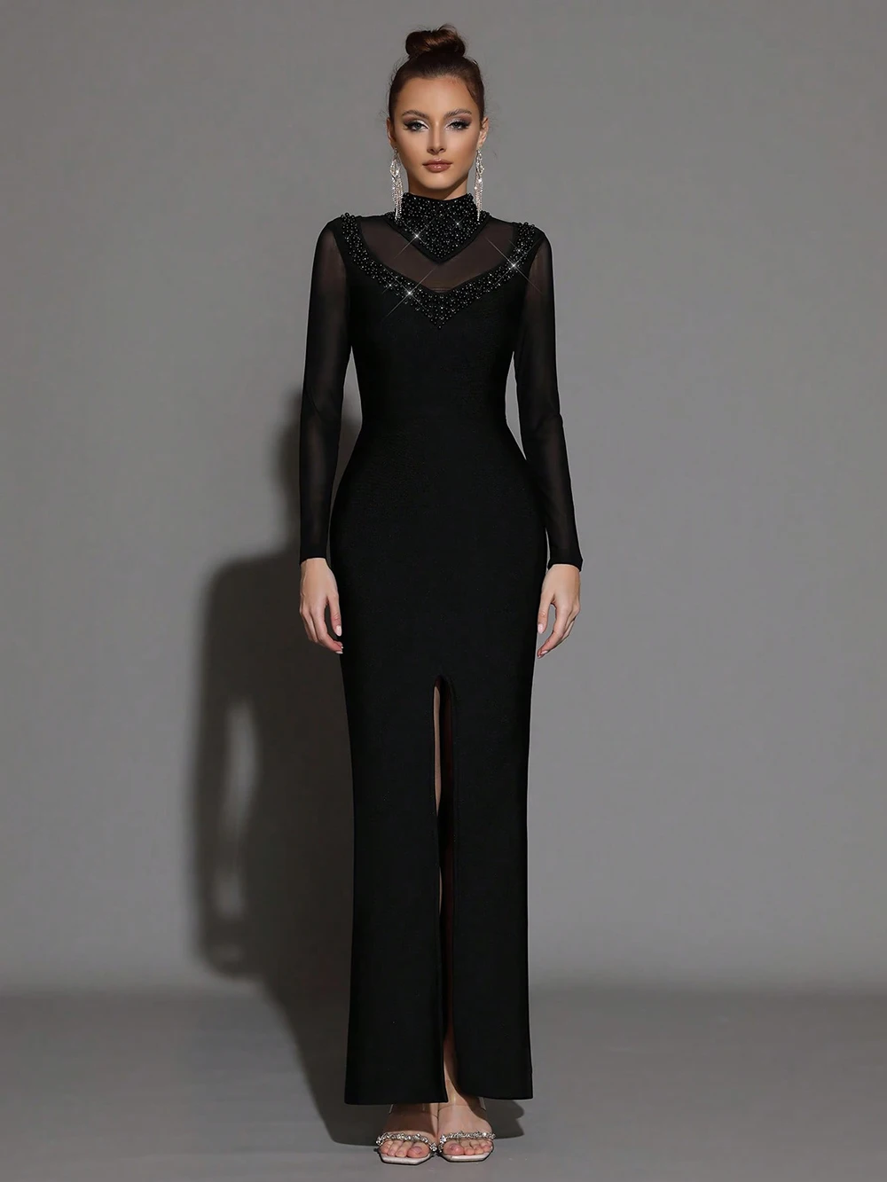 

Modphy Turtleneck Front Split Long Dress For Women Long Sleeve Bead Maxi Dress Sexy Mesh Bandage Bodycon Club Party Dress