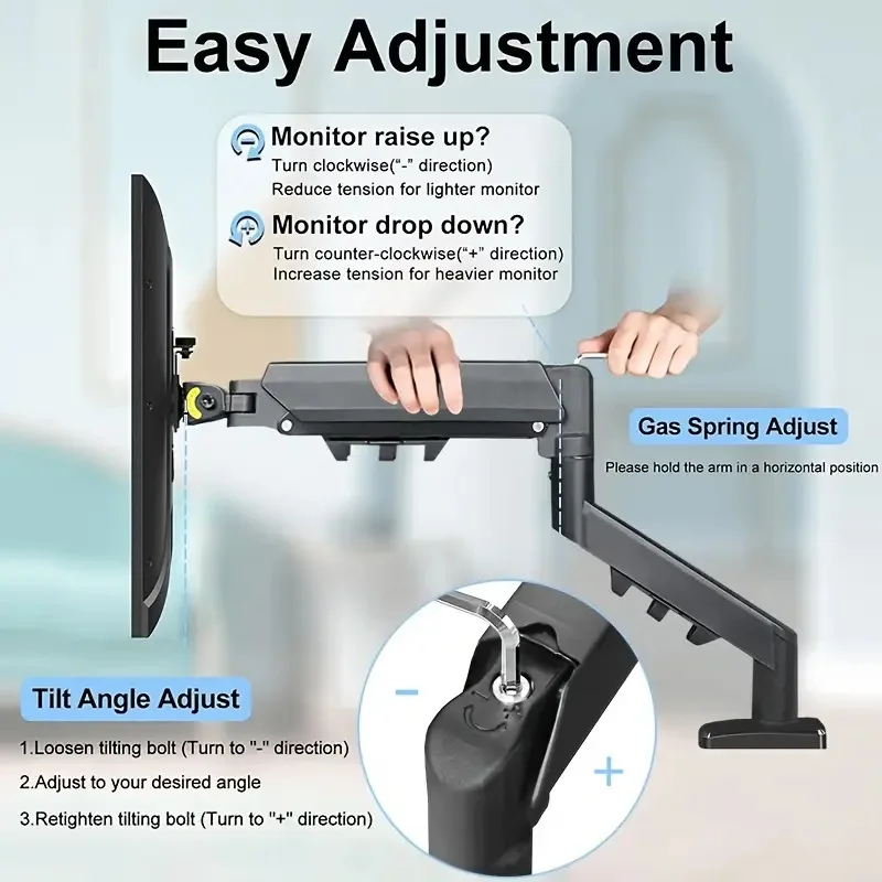 Image 3: Bras de moniteur unique à réserve de poids élevée jusqu'à 10 kg, support de moniteur réglable avec 180 °   Inclinable pivotant 360 °   Rotation pour le bureau à domicile