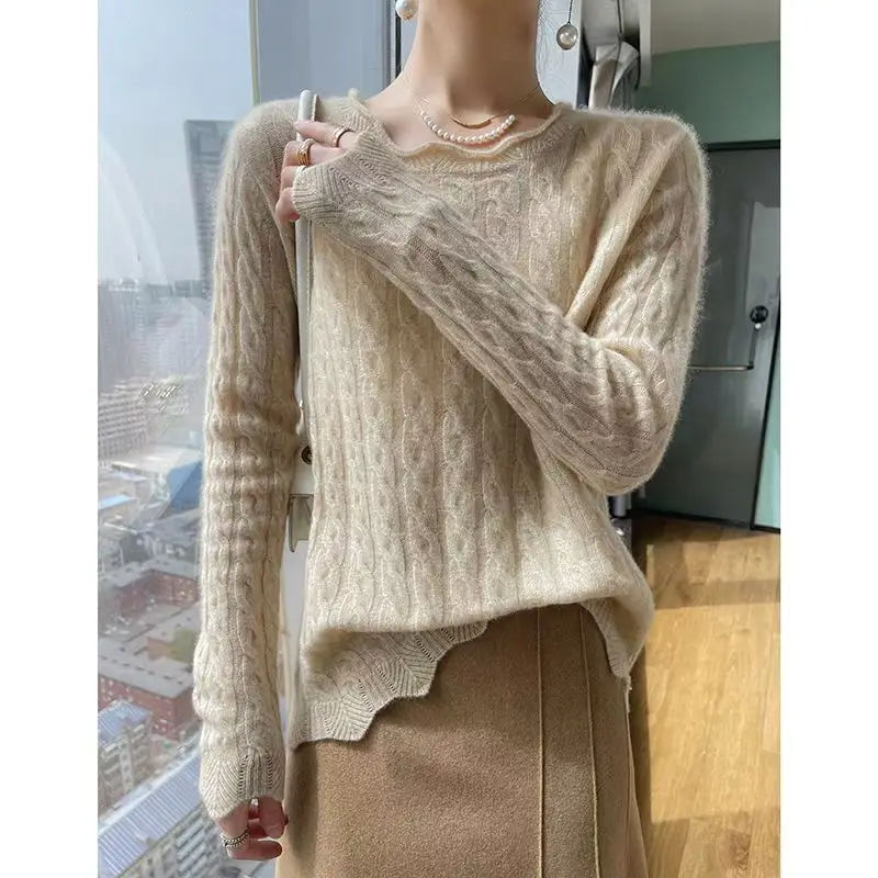 Jersey de cuello redondo, suéter de manga larga tejido para otoño e invierno, ropa de mujer, Tops de oficina con hilo de tornillo de Color sólido