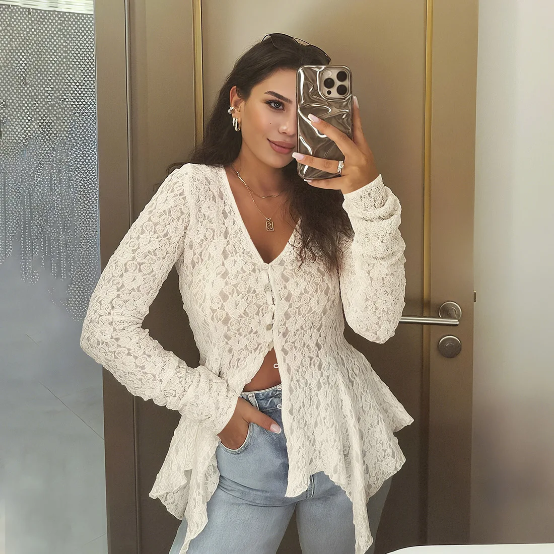 

Women's Cardigan T-shirt Autumn Spring Solid Color Sexy Hollow Out Irregular Hem Lace Long Sleeved Coat Outfit for Girl Casual