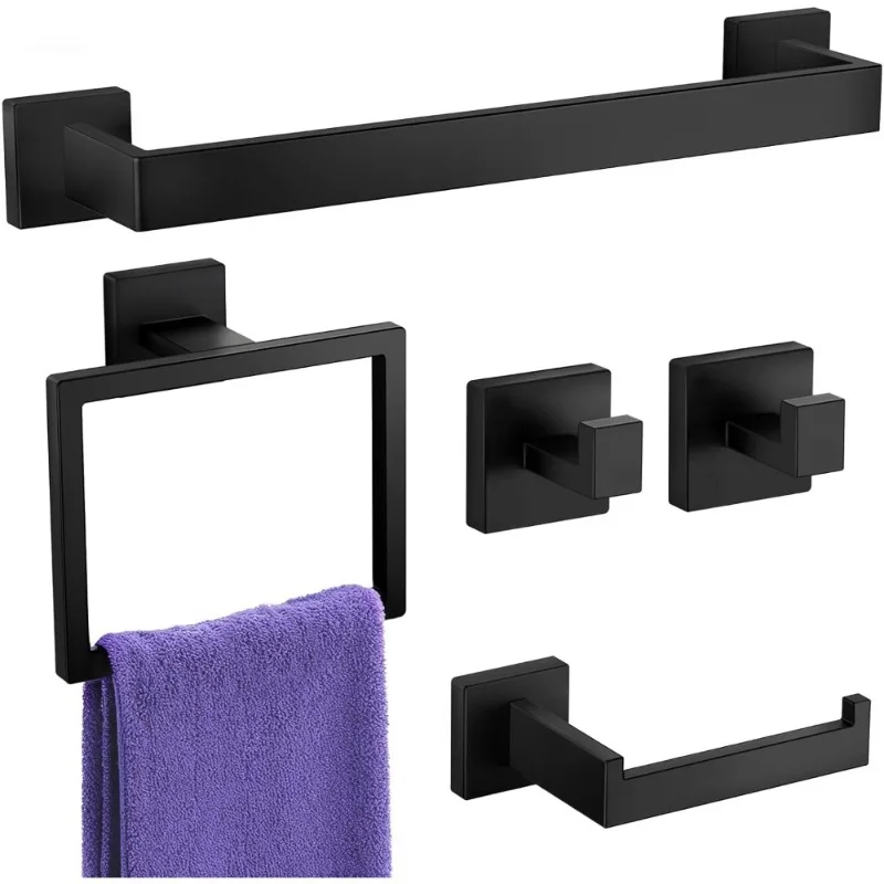 

Wall Mounted Bathroom Towel Rack Set 5 Pieces SUS304 Stainless Steel Matte Black Hardware Accessories