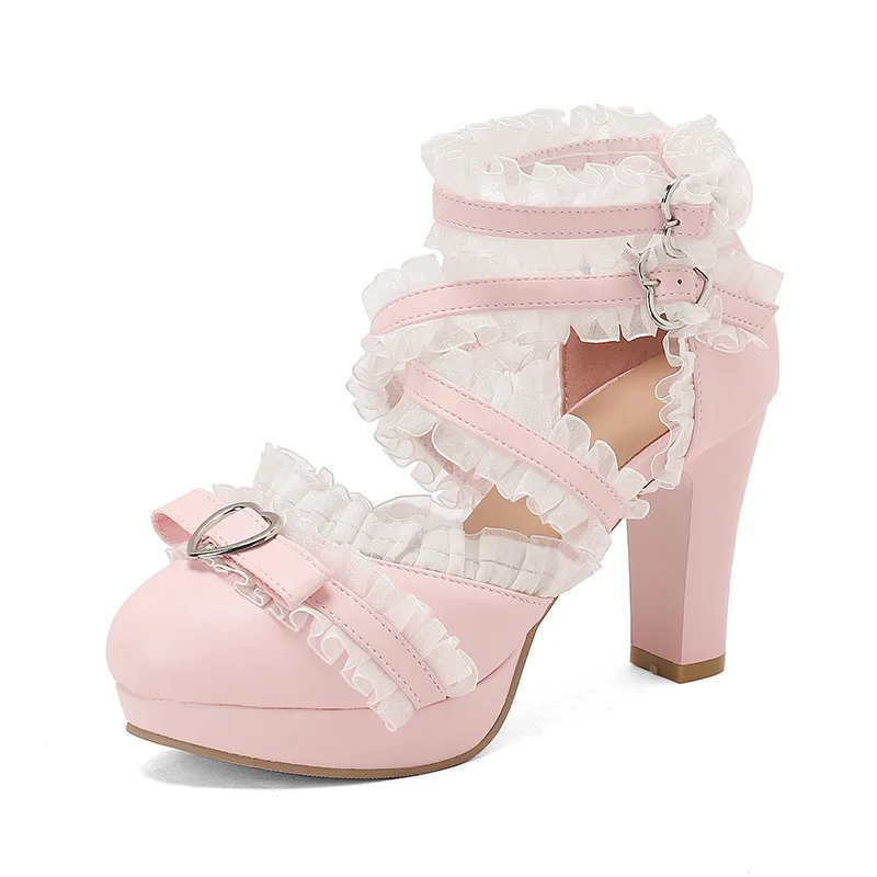 Japanese Cute Ruffle Bow Chunky Heel Platform Lolita Mary Jane Patent Leather Shoes Women High Heels