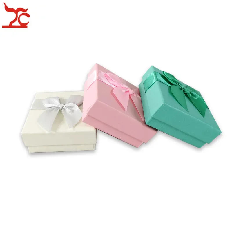 Caja de joyería de papel rosa, organizador de almacenamiento de pendientes, collar, cinta de regalo, 7,5x7,5x3cm, venta al por mayor, 20 unidades