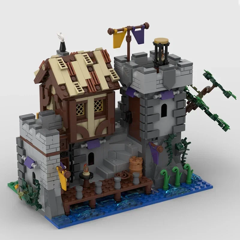 Medieval vista de rua modelo moc tijolos de construção aldeia rio porto tecnologia blocos modulares presente brinquedos natal diy conjunto montagem