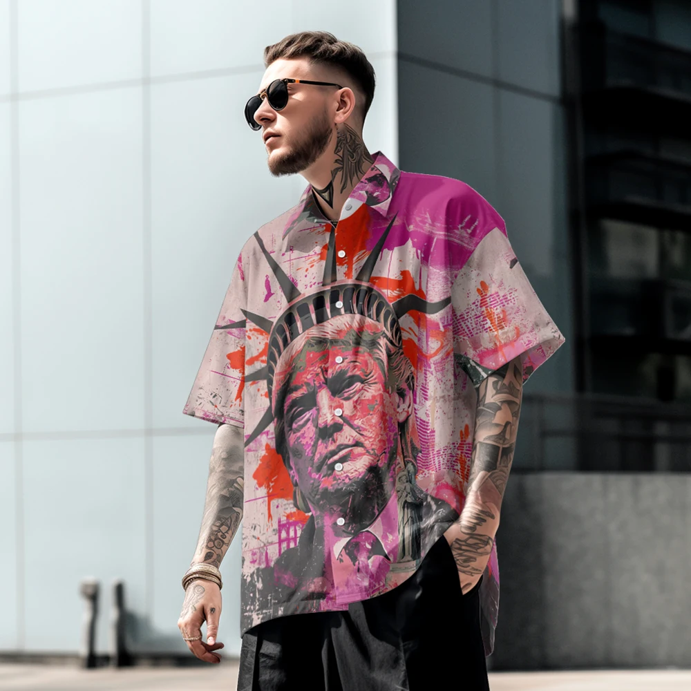 

Summer casual oversized short sleeved shirt with portrait print, loose Hawaiian beach fashion, comfortable single row buttons