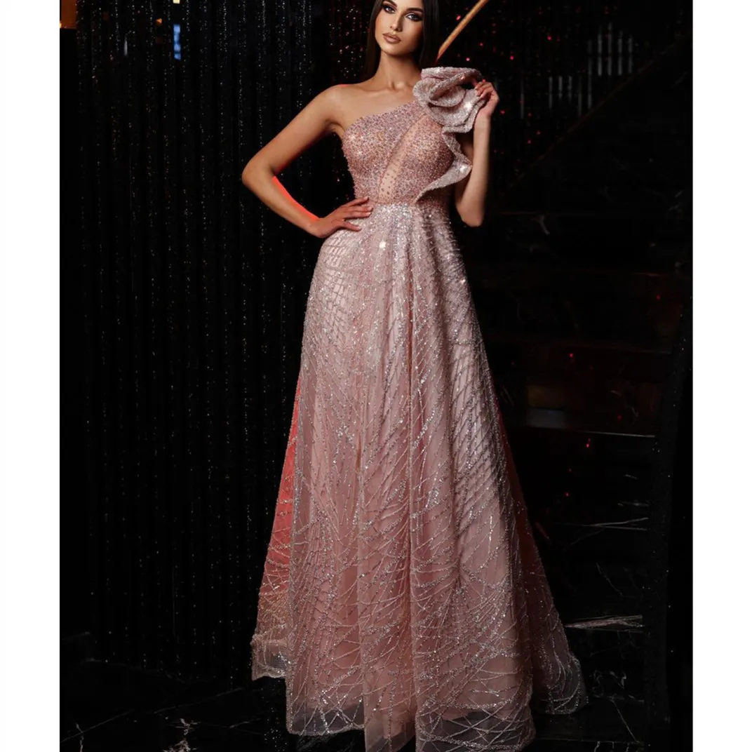 

Pink A-line Evening Dresses Sleeveless Bateau One Shoulder Sequins Beaded Appliques 3D Lace Plus Size Prom Dresesses Custom Made