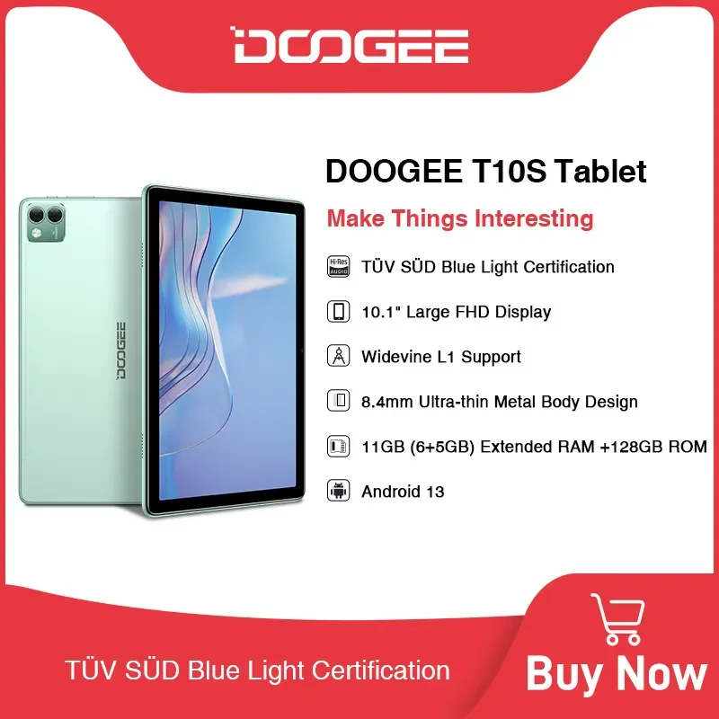 DOOGEE T10S 태블릿, 블루 라이트 인증 디스플레이, Widevine L1, 안드로이드 13 지원, 월드 프리미어, 10.1 인치, 6GB + 128GB, 6600mAh 