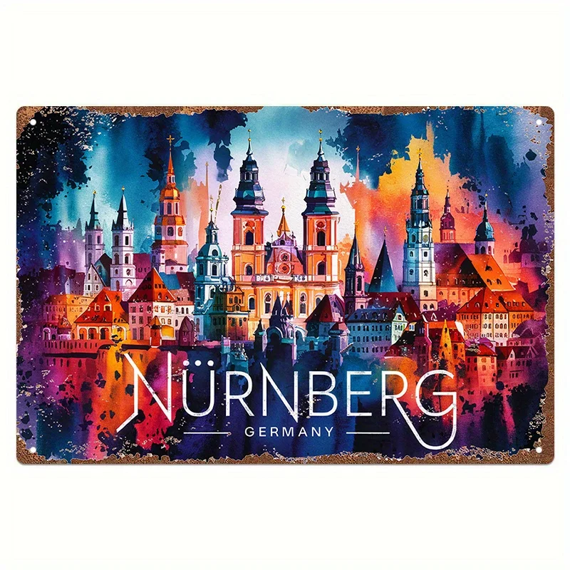 علامة Nuremberg الملونة، ألمانيا الفنية المصنوعة من الألومنيوم - ديكور حائط مستوحى من الطراز القديم، سهل التركيب مع فتحات محفورة مسبقًا، للمنزل والمنزل