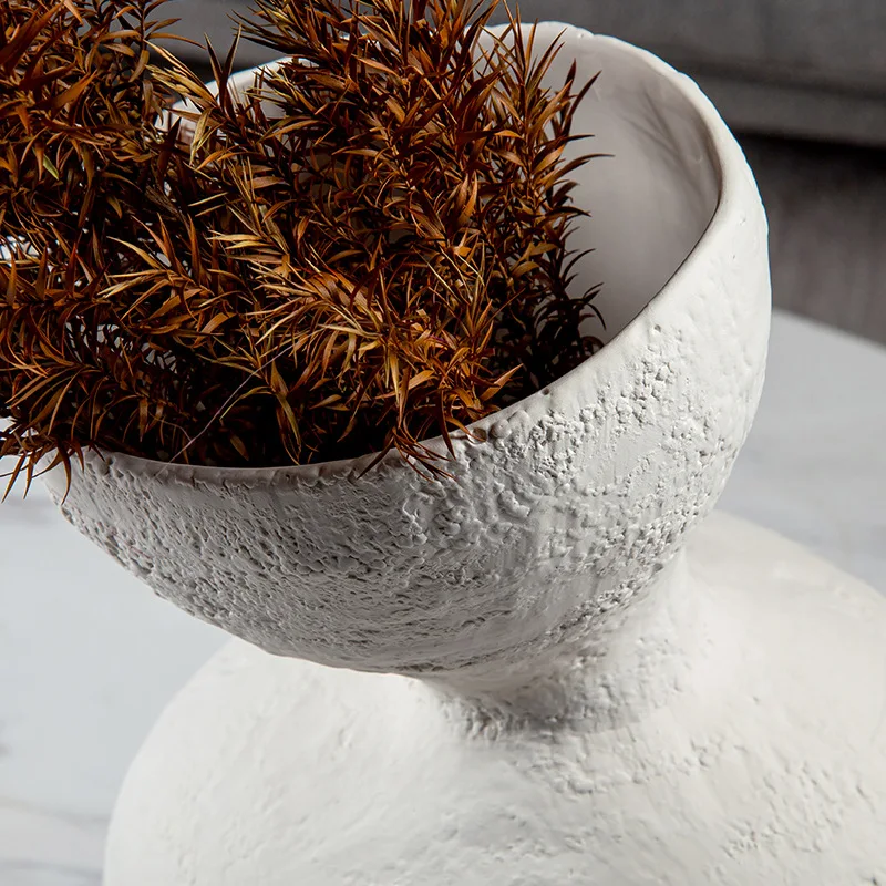 Simple crooked neck shape white ceramic flower ornament, quaint creative ceramic handicrafts, dried flower vase