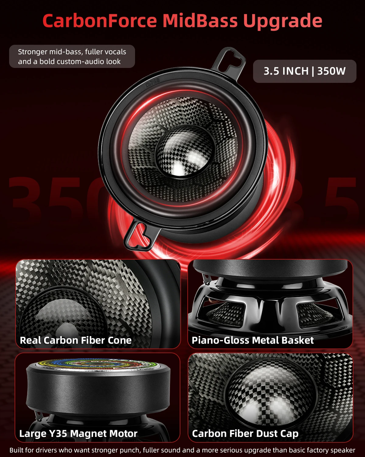 XPIAA 2pcs CarbonForce 3.5 Inch Speakers, 350W Peak 4 Ohm Midbass Speakers Carbon Fiber Cone General Change High Fidelity Audio