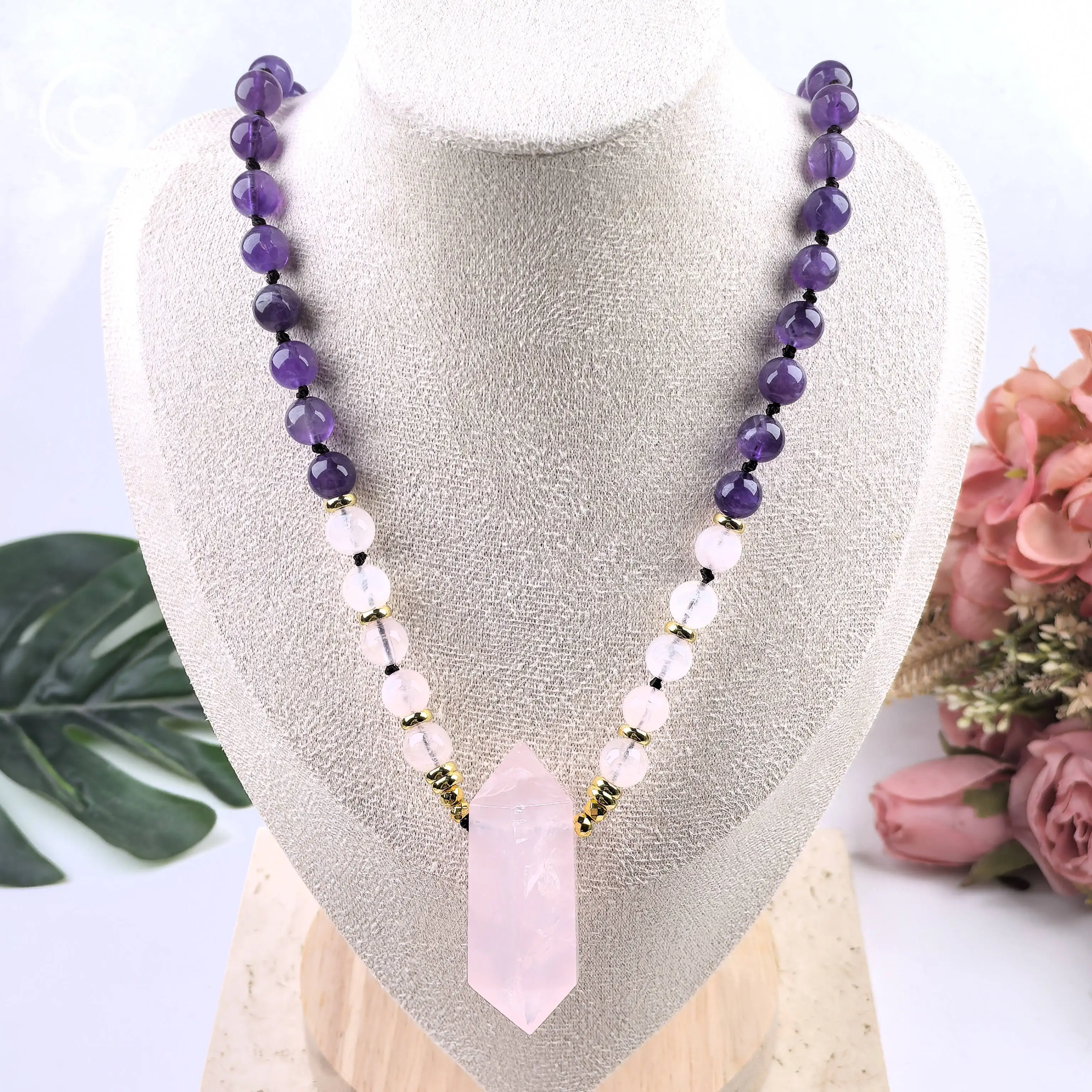 

Natural Amethyst Round Beads Handmade Knot 108 Mala Necklace Rose Quartz Crystal Double Point Pendant Yoga Prayer Jewelry,QC0208