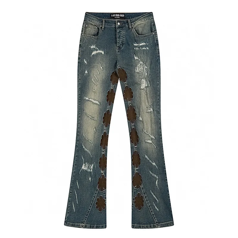 Men Women Best Quality Classic Logo Embroidery LOSTSHDWS Denim Trousers Vintage Washed Green Spliced Jeans Pants