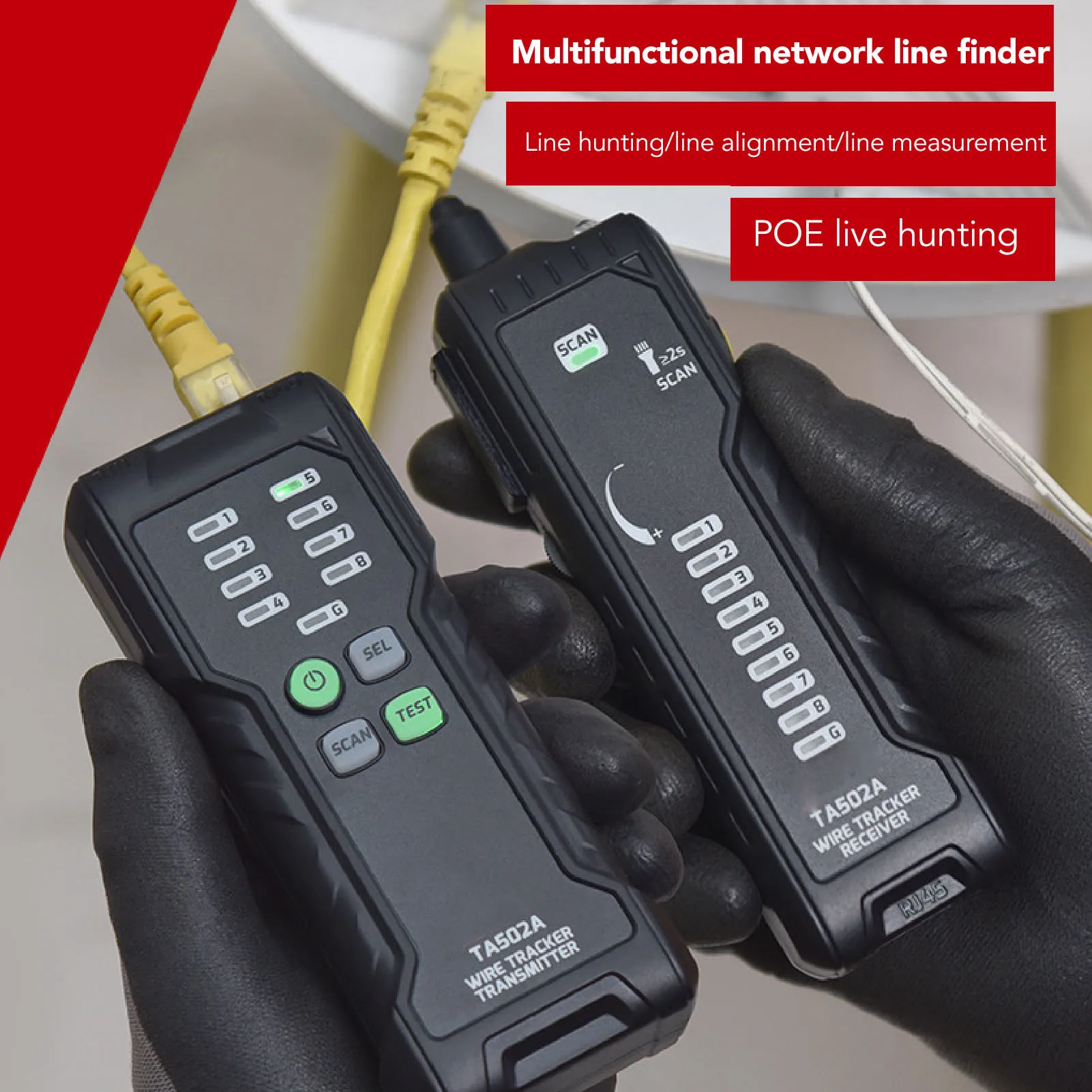 TA502A Digital Cable Tester for RJ45 and RJ11 with Transmitter Receiver Pair Flashlight LED Indicators and 3km Signal Range