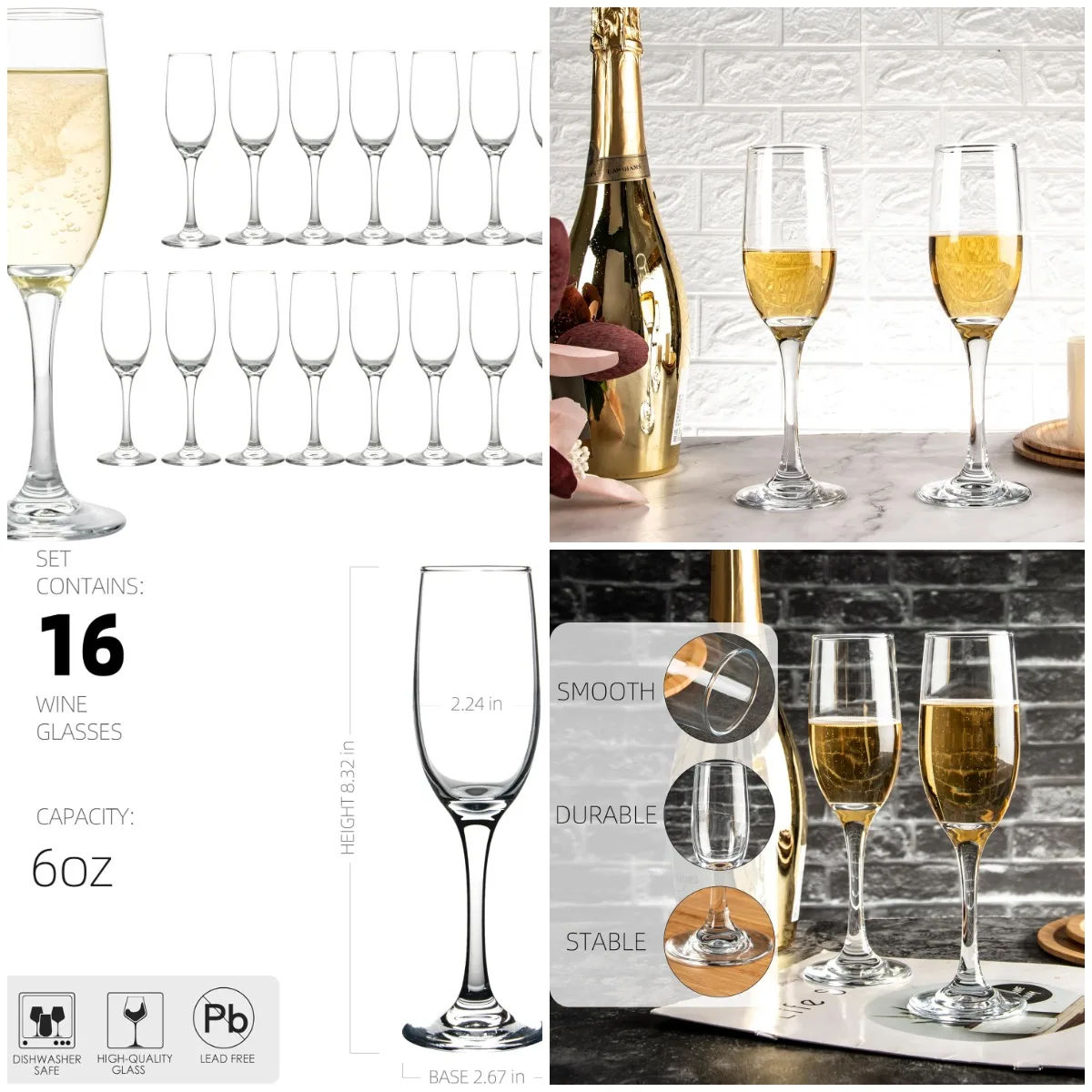 

Champagne Flutes Set of 16, 6 oz for Wedding or Christmas, Dishwasher Safe