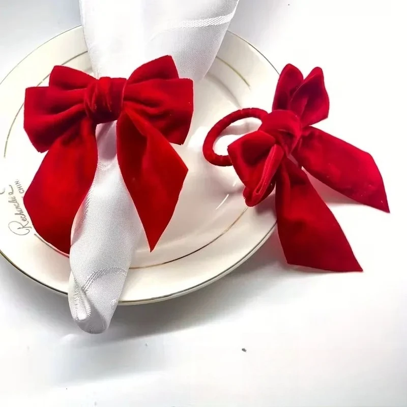 1-10PCS Classic Velvet Christmas Bow Napkin Holders Red Green Elegant Table Decor for Holiday Dinner Party Wedding Celebration
