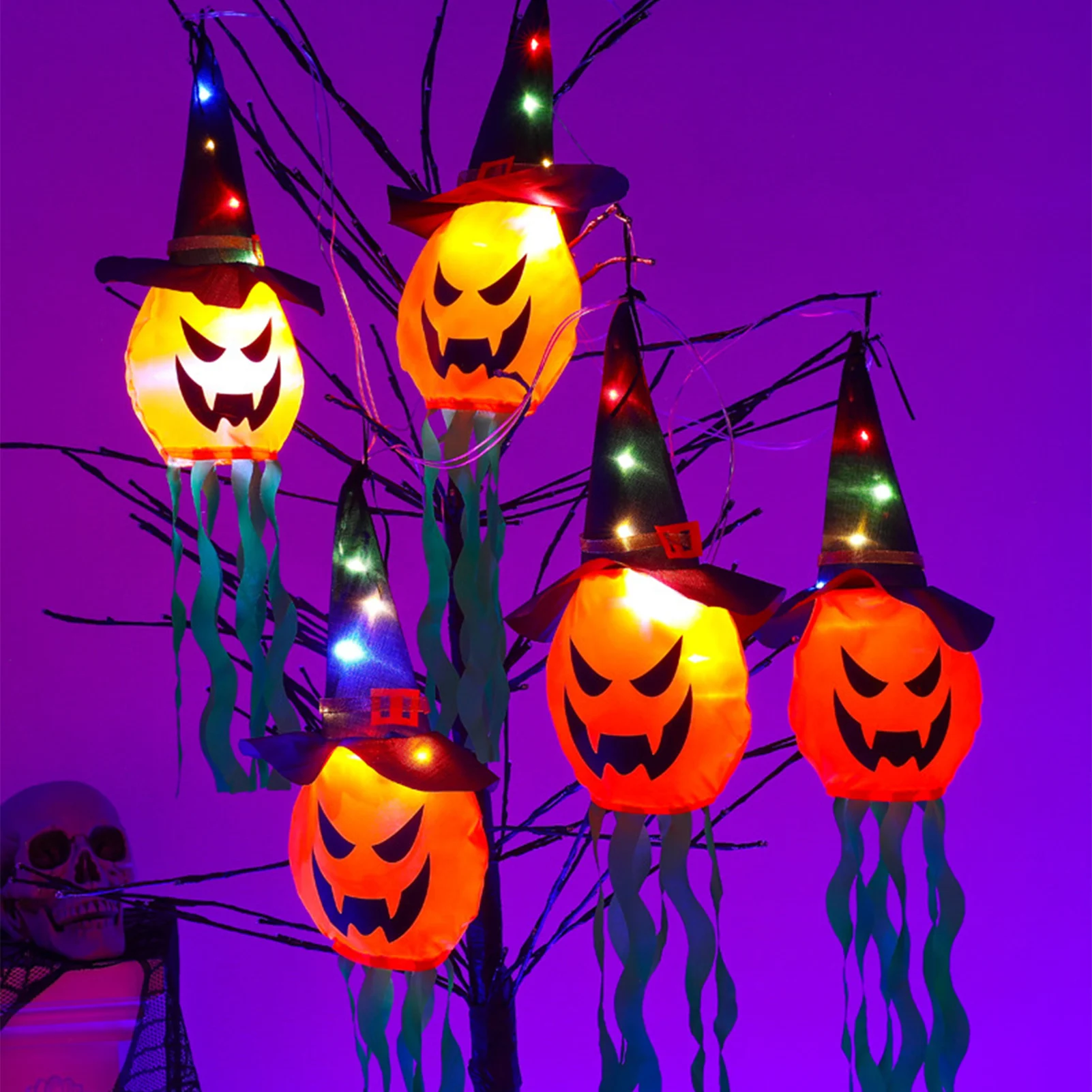 Halloween Pumpkin Wizard Hat Hanging Lantern Simulation Halloween Pumpkin Ghost Decorative Props for Halloween Door Window