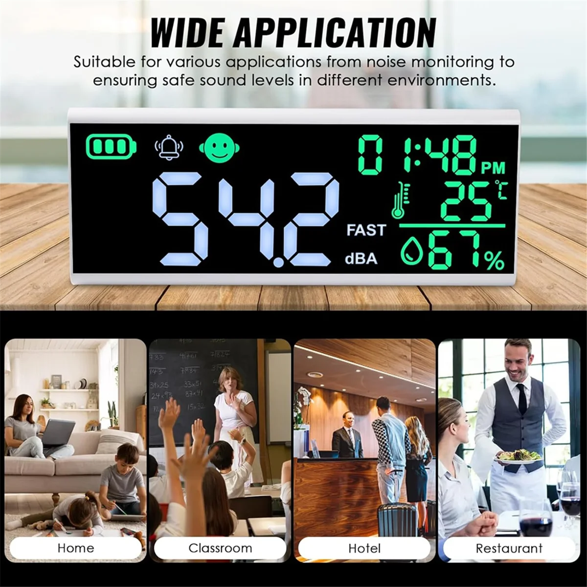T88C ديسيبل متر 13 بوصة 30-130dB مستوى الصوت متر ، شاشة الكريستال السائل الكبيرة الجدار شنقا مقياس الصوت ، كاشف مستوى الضوضاء