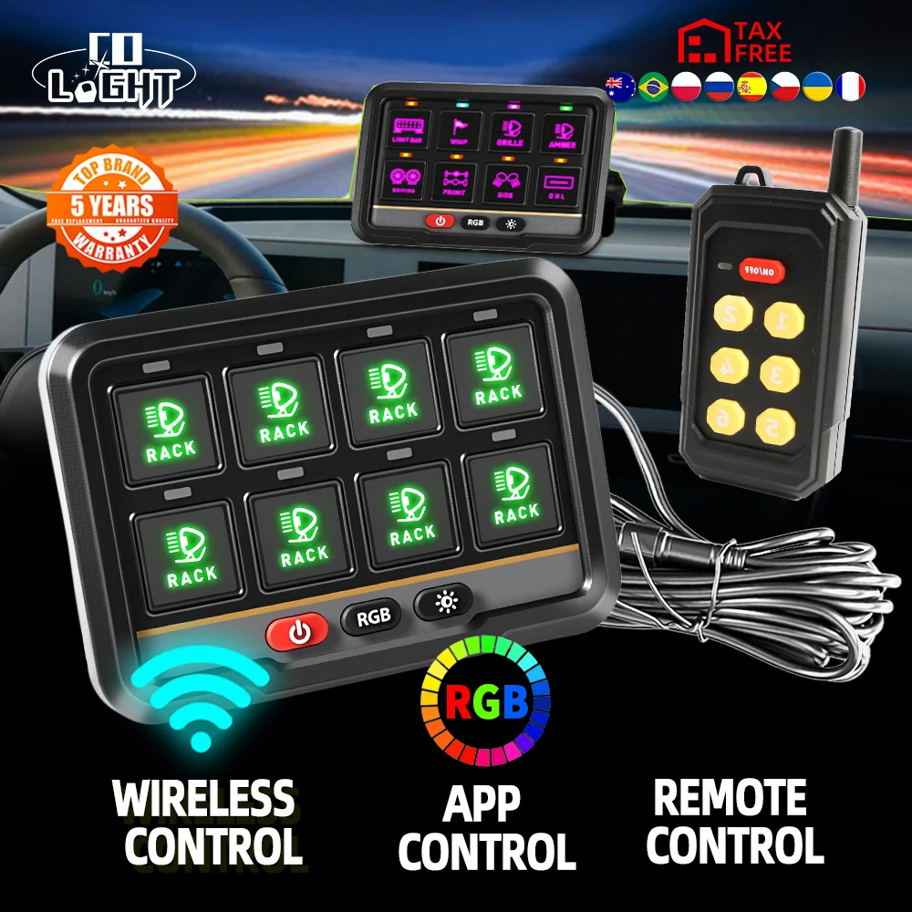 CO LIGHT Romote Control RGB Bluetooth 8 Gang panneau de commutation bascule momentané interrupteur pulsé Pod pour camion tout-terrain bateau auxiliaire